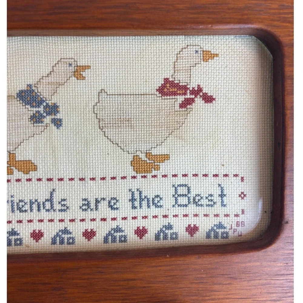 Dale Burnett Vtg Wood Wall Rack Cross Stitch Geese Backdoor Friends are the Best